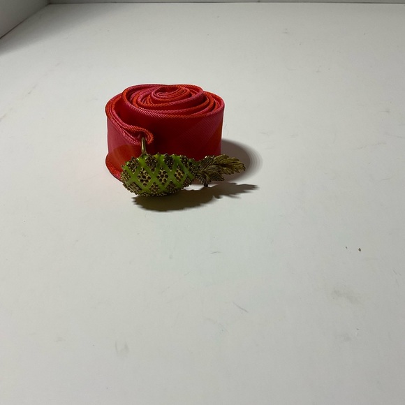 J. Crew 100% silk pink and red ribbon belt with metal pineapple buckle 37 inch - Picture 6 of 8